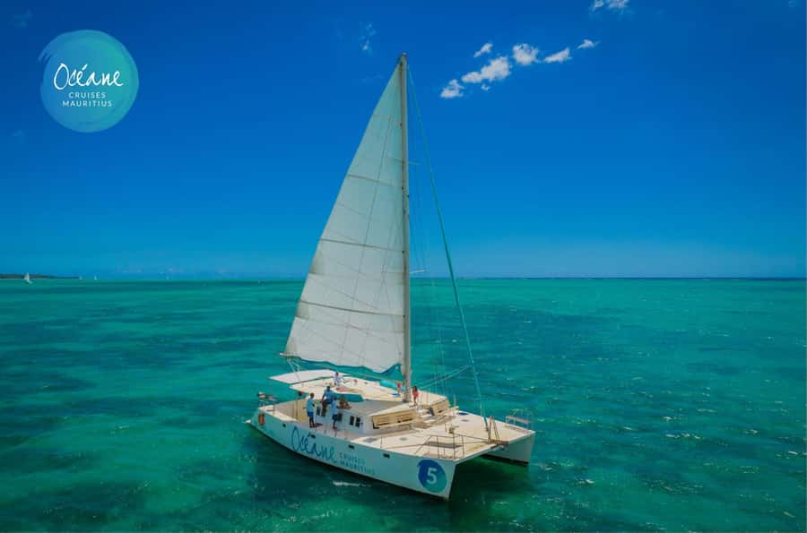 Île aux Cerfs: Private Catamaran Cruise with Gourmet Lunch - Grand River South East Waterfall from the water